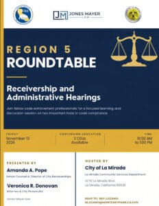 CACEO Region 5 Roundtable flyer: Receivership and Administrative Hearings, November 13, 2026, presented by Amanda A. Pope and Veronica R. Donovan of Jones Mayer
